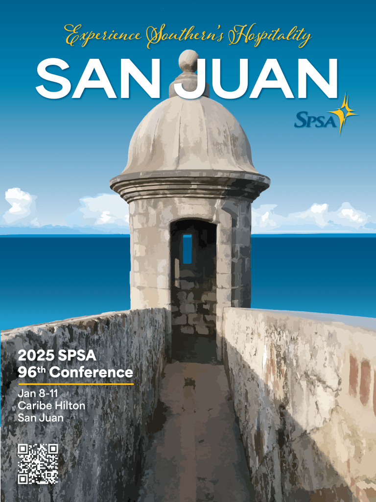 Conference poster for the 2025 SPSA event, featuring a historic fort structure in San Juan against a bright blue sky, with text promoting 'Experience Southern's Hospitality' and event details.