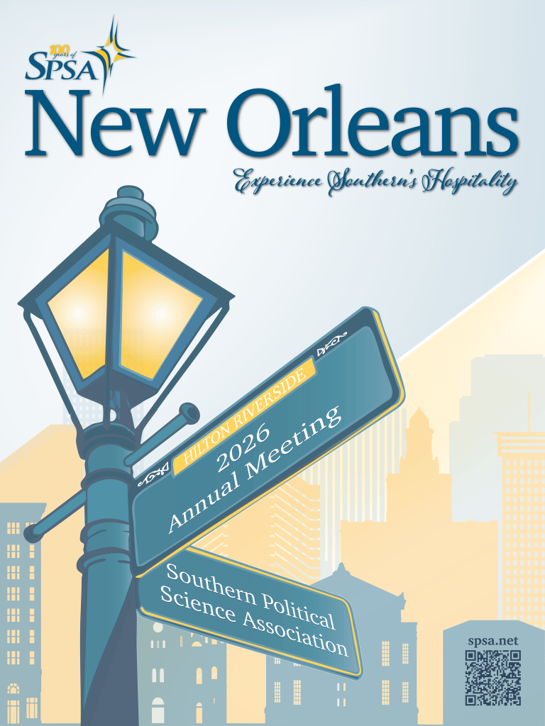 Conference poster for the Southern Political Science Association annual meeting in 2026, featuring the title 'New Orleans' and the slogan 'Experience Southern's Hospitality.' The design includes a streetlamp and directional signs indicating the conference location and details.
