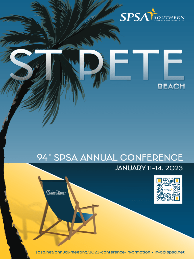 Poster for the 94th SPSA Annual Conference featuring a beach scene with a palm tree and a beach chair, with the text 'ST PETE BEACH' and conference details.